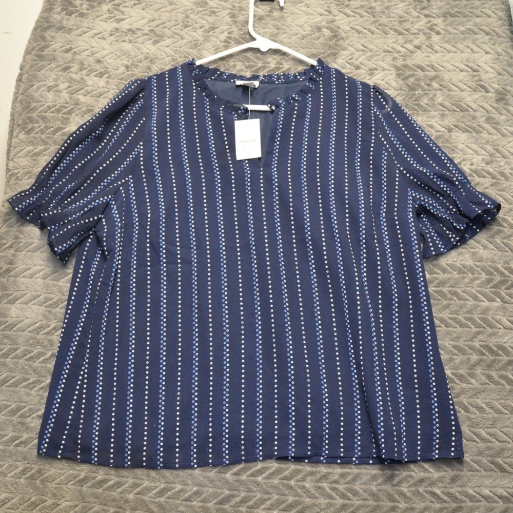 J.Crew Split Neck Blouse L Navy Blue New Dotted Stripe Ruffle Puff Sleeve (1829) - Picture 1 of 10